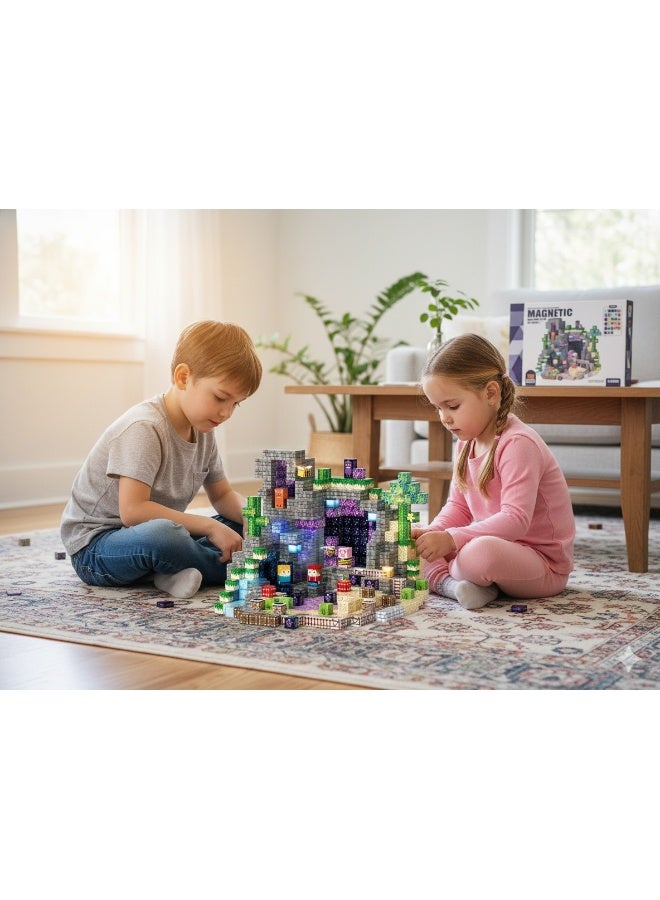 Magni Mates Magnetic Mini Blocks Set 100 Pieces – 2cm DIY Magnetic Cube Building Set with Minecraft Style Cave Scene, Characters and Terrain Blocks for Creative STEM Play - Image 2